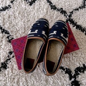 Tory Burch Shaw Espadrille Woven Cotton Veg Leather Canvas